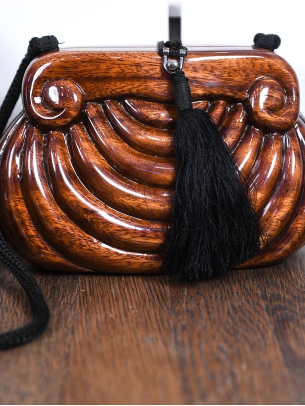 Timmy Woods Brown Carved Wood-Effect Shoulder Bag with Black Tassel